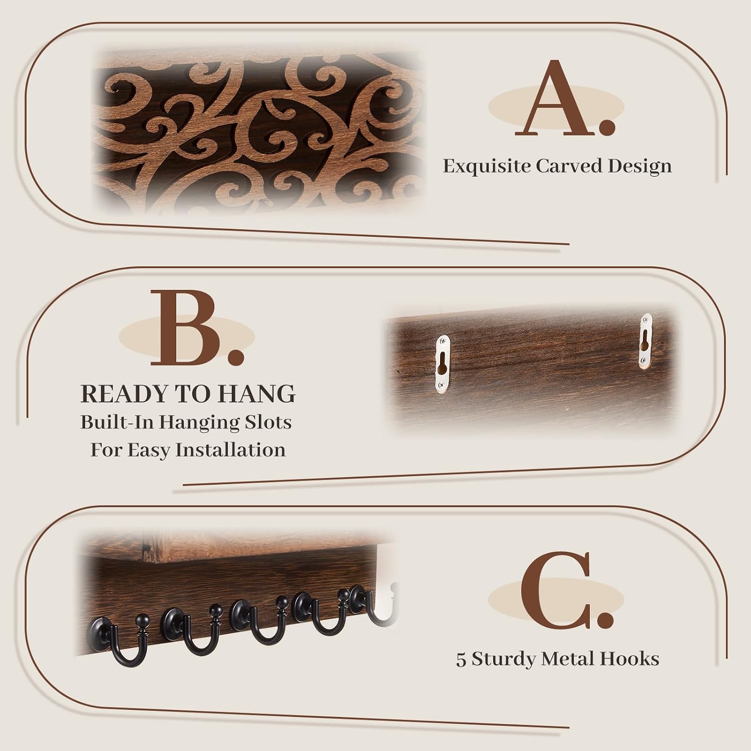 Novabright Wooden Key Rack Wall Mount with Mail Holder, 5 Hooks Carved